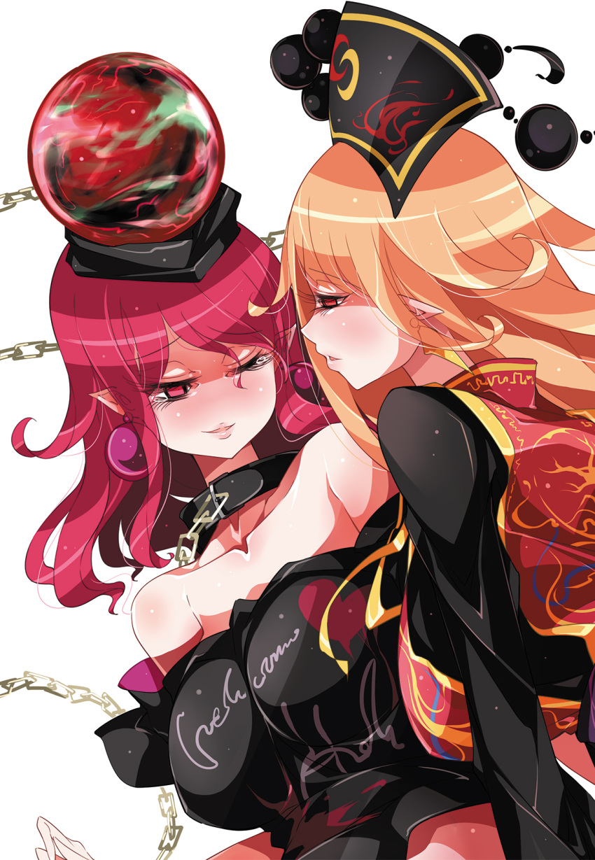 2girls blonde_hair blush breasts chains choker clothes_writing collarbone earrings heart hecatia_lapislazuli highres jewelry junko_(touhou) large_breasts lips multiple_girls off-shoulder_shirt pointy_ears polos_crown raptor7 red_eyes redhead shirt tears touhou yuri