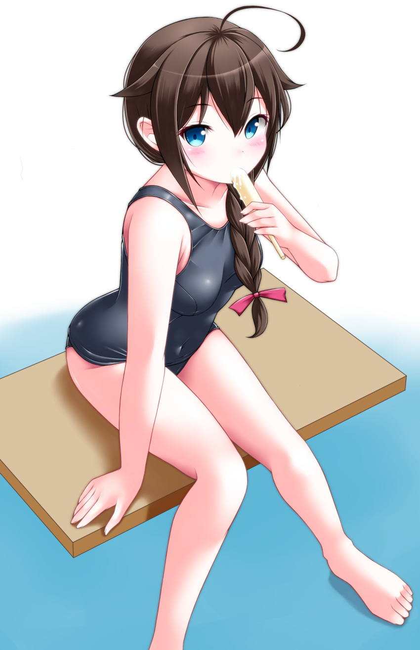1girl blue_eyes braid breasts brown_hair food hair_over_shoulder highres kantai_collection kaze_makase long_hair one-piece_swimsuit popsicle school_swimsuit shigure_(kantai_collection) sitting small_breasts solo swimsuit