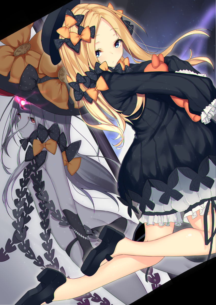 2girls abigail_williams_(fate/grand_order) absurdres ass bangs black_bow black_dress black_footwear black_hat black_panties blonde_hair bloomers blue_eyes bow butt_crack dress dual_persona fate/grand_order fate_(series) forehead hair_bow hat highres holding holding_stuffed_animal keyhole legs loafers long_hair multiple_girls nebusoku object_hug orange_bow panties parted_bangs polka_dot polka_dot_bow red_eyes shoes sleeves_past_fingers sleeves_past_wrists stuffed_animal stuffed_toy teddy_bear thighs third_eye underwear waist white_bloomers white_hair white_skin witch_hat