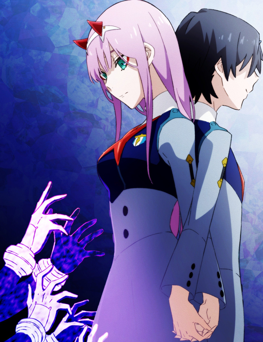 1boy 1girl absurdres back-to-back bangs black_hair blue_horns breasts commentary_request couple darling_in_the_franxx gloves green_eyes hair_ornament hairband hetero highres hiro_(darling_in_the_franxx) horns interlocked_fingers large_breasts leje39 long_hair long_sleeves military military_uniform necktie oni_horns pink_hair red_horns red_neckwear short_hair uniform white_gloves white_hairband zero_two_(darling_in_the_franxx)