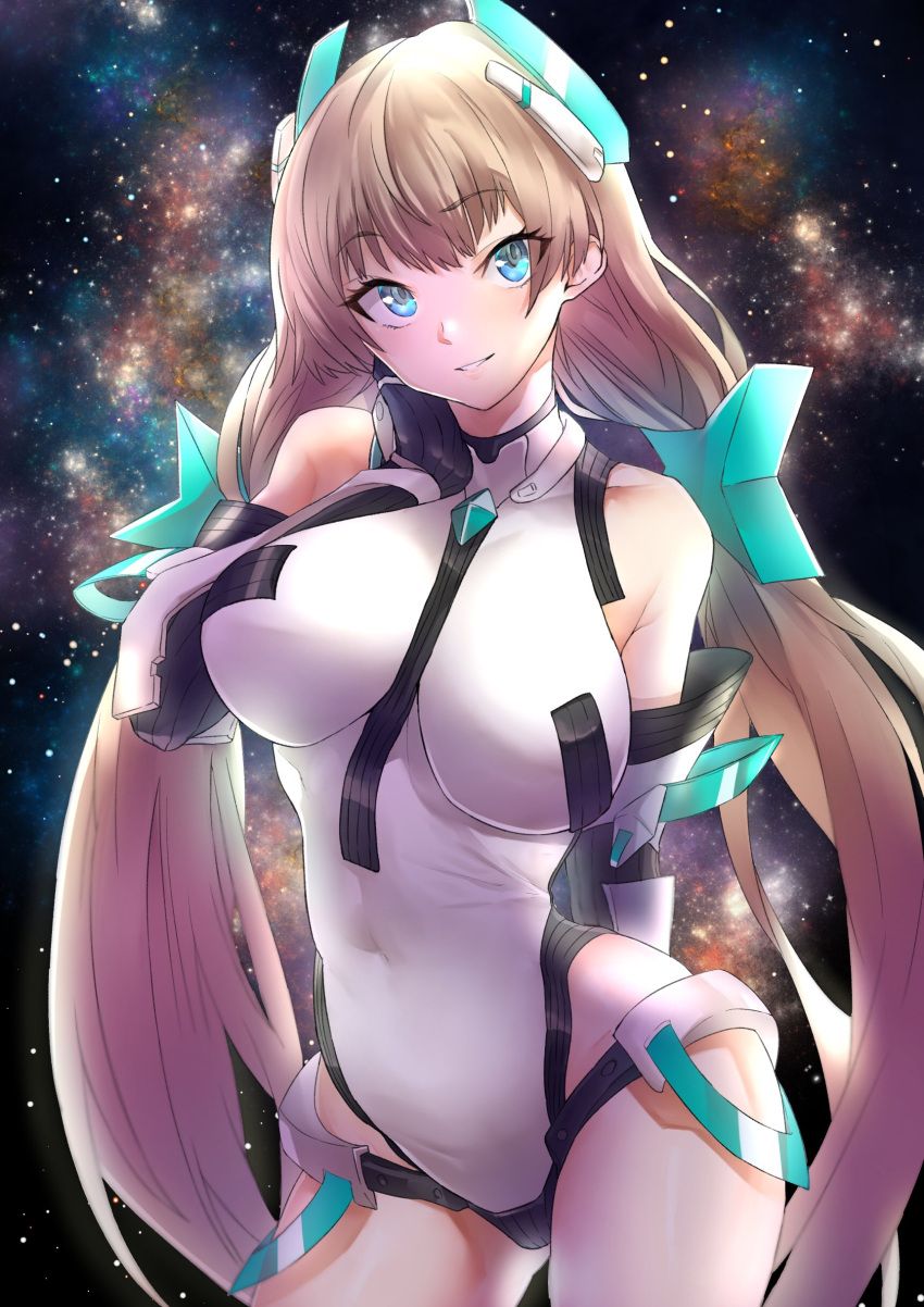 1girl absurdres adjusting_clothes adjusting_leotard angela_balzac ass bangs black_gloves blonde_hair blue_eyes blunt_bangs breasts closed_mouth covered_navel cowboy_shot deva_battle_suit elbow_gloves eyebrows_visible_through_hair fujitsubo_(hujitubo0731) gloves gluteal_fold hair_ornament hand_on_hip headgear highres large_breasts leotard long_hair low_twintails rakuen_tsuihou sideboob simple_background smile solo tsurime twintails very_long_hair white_background