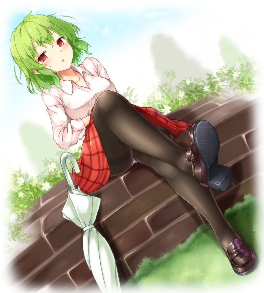 1girl aka_tawashi ass black_footwear black_legwear blue_sky blush breasts brick_wall collarbone commentary_request day dutch_angle eyebrows_visible_through_hair flower full_body grass green_hair highres kazami_yuuka knee_up loafers long_sleeves looking_at_viewer medium_breasts pantyhose parted_lips plaid plaid_skirt plant red_eyes red_skirt shirt shoes short_hair sitting skirt sky solo sweatdrop touhou tree umbrella white_flower white_shirt wing_collar