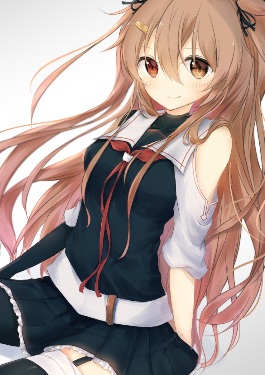 1girl absurdres asymmetrical_clothes black_ribbon black_serafuku black_skirt breasts brown_eyes garter_straps gradient_hair hair_ornament hair_ribbon hairclip heterochromia highres kantai_collection light_brown_hair long_hair looking_at_viewer medium_breasts multicolored_hair murasame_(kantai_collection) neckerchief pantyhose pleated_skirt red_eyes red_neckwear remodel_(kantai_collection) ribbon school_uniform serafuku simple_background skirt smile solo two_side_up uzuki_tsukuyo white_background