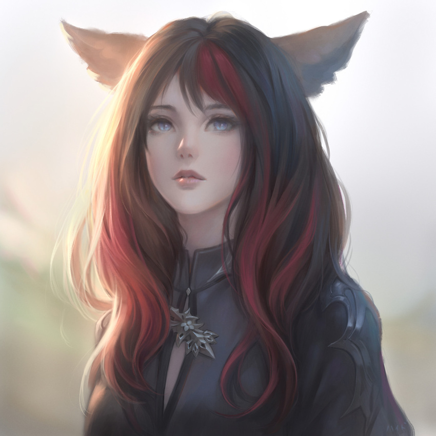 1girl animal_ears black_hair blue_eyes blurry blurry_background cat_ears closed_mouth commission day final_fantasy final_fantasy_xiv highres lips long_hair looking_at_viewer miqo'te multicolored_hair nguyen_uy_vu outdoors portrait slit_pupils solo two-tone_hair