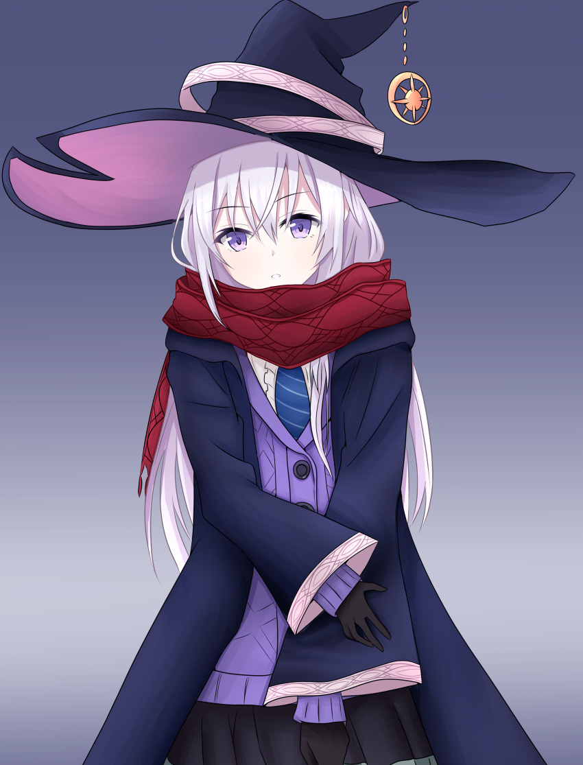 1girl absurdres bangs black_gloves black_hat black_skirt blue_coat blue_neckwear blush diagonal_stripes elaina_(majo_no_tabitabi) eyebrows_visible_through_hair gloves hair_between_eyes hat highres jacket long_hair long_sleeves looking_at_viewer mahdi majo_no_tabitabi necktie parted_lips pleated_skirt purple_jacket red_scarf scarf shirt silver_hair skirt sleeves_past_wrists solo striped striped_neckwear very_long_hair violet_eyes white_shirt wide_sleeves witch_hat