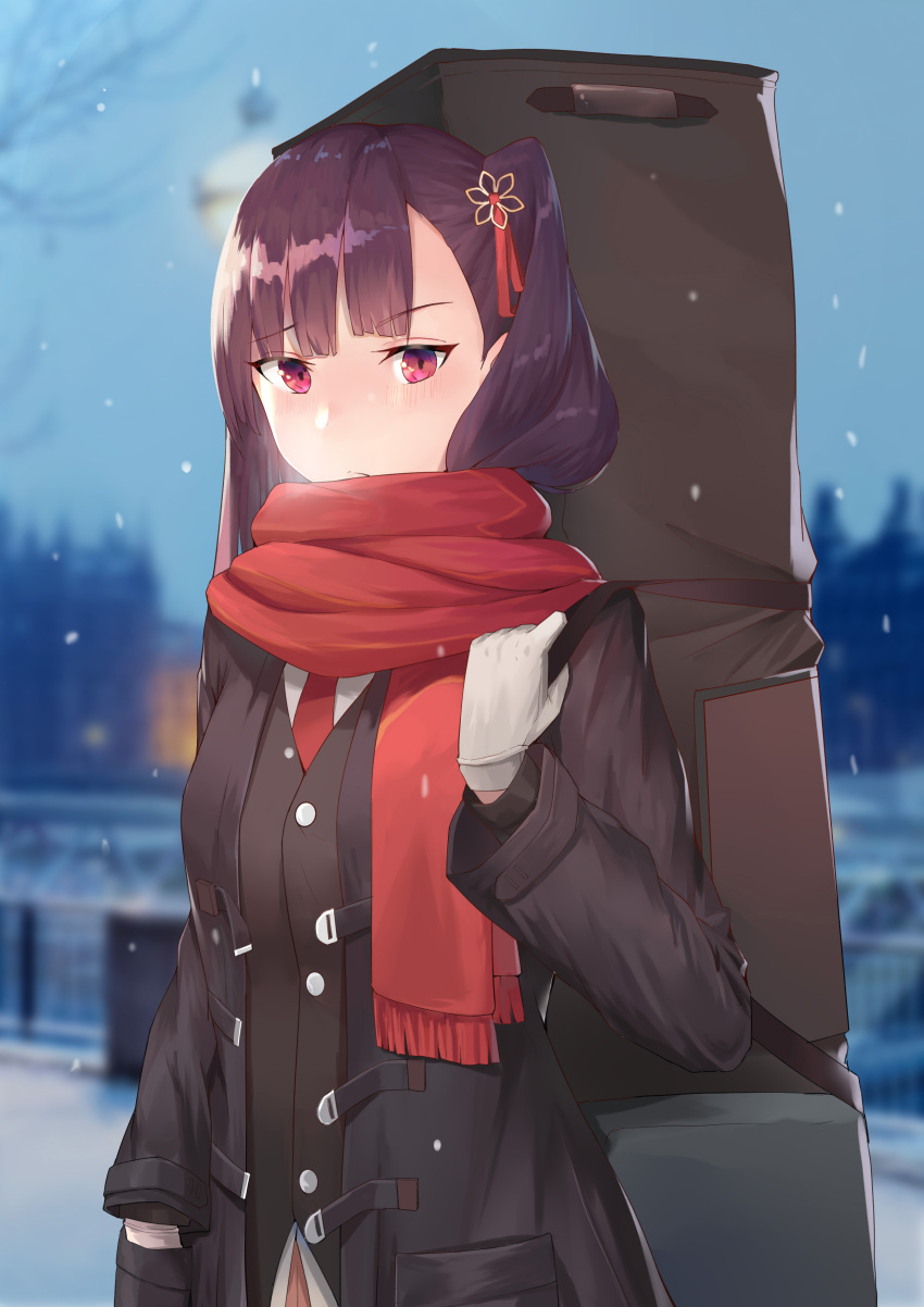 1girl absurdres bangs black_coat black_legwear blazer blunt_bangs blurry blurry_background blush breath brown_hair buckle cityscape closed_mouth coat eyebrows_visible_through_hair girls_frontline gloves hair_ornament hair_ribbon highres holding_strap jacket lamppost long_hair long_sleeves looking_at_viewer madao necktie one_side_up open_clothes open_coat outdoors pantyhose pinky_out purple_hair red_eyes red_neckwear red_scarf ribbon scarf snow snowflake_hair_ornament snowflake_print snowing solo sparkle standing sweatdrop tsundere tsurime very_long_hair wa2000_(girls_frontline) weapon_bag white_gloves window