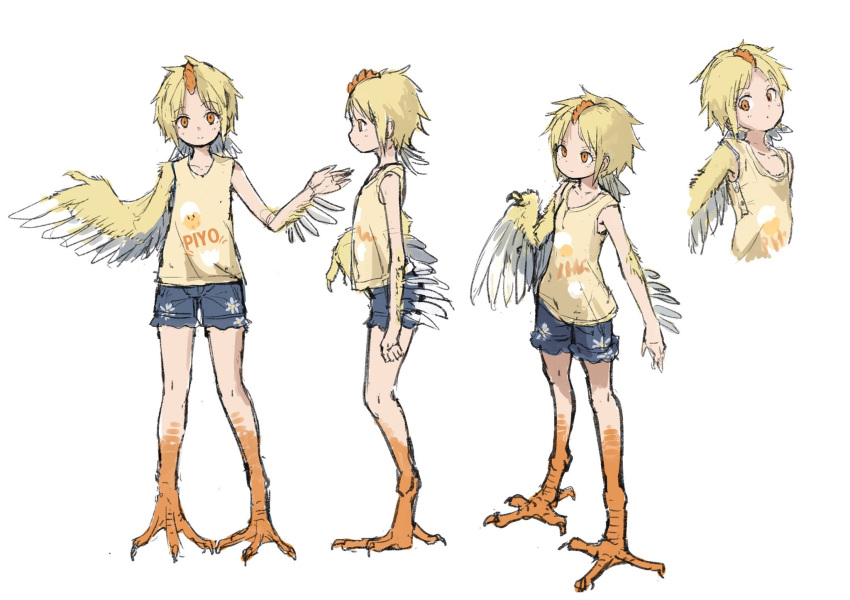 1girl blonde_hair blue_shorts claws closed_mouth commentary_request crest harpy highres kamemaru looking_at_viewer monster_girl multiple_views orange_eyes original piyoko-chan_(kamemaru) shirt short_hair short_shorts shorts simple_background white_background wings yellow_shirt