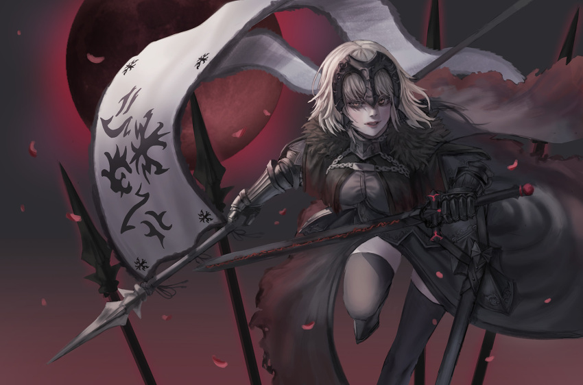 1girl armor armored_dress black_dress black_footwear breasts chains dress fate/grand_order fate_(series) faulds fighting fighting_stance flag fur_trim gauntlets goldcan headpiece highres holding holding_flag holding_sword holding_weapon jeanne_d'arc_(alter)_(fate) jeanne_d'arc_(fate)_(all) large_breasts plackart silver_hair sword thigh-highs thighs weapon yellow_eyes