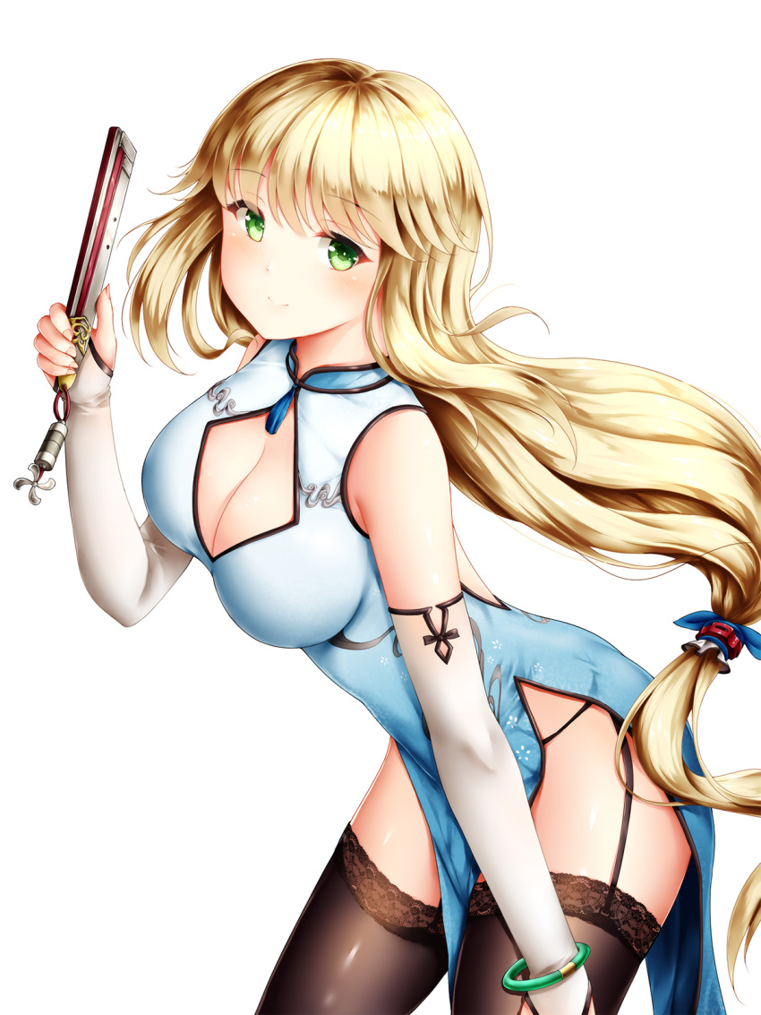 1girl aurora_(f10)_(azur_lane) azur_lane bangle bangs bare_shoulders black_legwear black_panties blonde_hair blue_dress blush bracelet breasts bridal_gauntlets china_dress chinese_clothes cleavage cleavage_cutout closed_fan closed_mouth dress eyebrows_visible_through_hair fan folding_fan garter_straps gloves green_eyes hair_flaps hair_ornament highres holding holding_fan jewelry lace lace-trimmed_thighhighs large_breasts leaning_forward long_hair looking_at_viewer panties shiny side_slit simple_background smile solo thigh-highs thighs underwear very_long_hair white_background white_gloves wsman