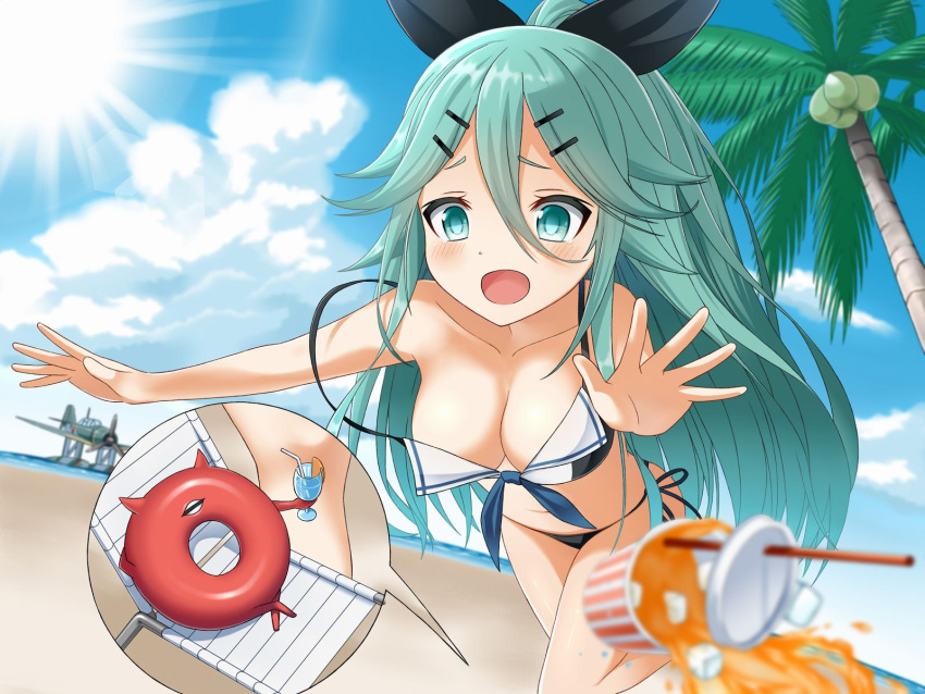 1girl beach_chair bikini black_bikini_bottom blue_sky blush breasts coconut_tree crying crying_with_eyes_open day e16a_zuiun enemy_lifebuoy_(kantai_collection) green_eyes green_hair hair_ornament hair_ribbon hairclip highres ice ice_cube kantai_collection long_hair medium_breasts open_mouth palm_tree ribbon sailor_bikini sailor_collar shinkaisei-kan side-tie_bikini sky soba_(sobaya1938) sun swimsuit tears tree tripping yamakaze_(kantai_collection)