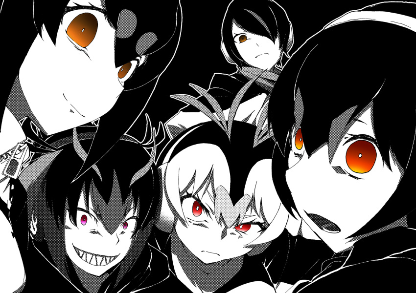 5girls bangs brown_eyes closed_mouth crazy_eyes emperor_penguin_(kemono_friends) frown gentoo_penguin_(kemono_friends) greyscale grimace halftone headphones humboldt_penguin_(kemono_friends) kaya_(nari1-24) kemono_friends long_hair looking_back monochrome multiple_girls open_mouth penguins_performance_project_(kemono_friends) red_eyes rockhopper_penguin_(kemono_friends) royal_penguin_(kemono_friends) sharp_teeth short_hair smile spot_color standing teeth violet_eyes zipper_pull_tab