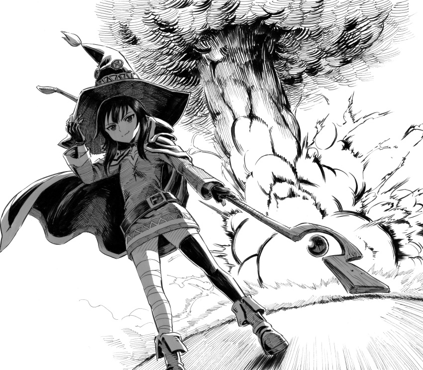 1girl absurdres bandage belt black_choker black_hair black_legwear cape choker explosion fingerless_gloves gloves greyscale hand_up hat highres holding holding_staff kono_subarashii_sekai_ni_shukufuku_wo! looking_at_viewer megumin monochrome outdoors pose short_hair sidelocks simple_background single_thighhigh smile solo staff standing thigh-highs ume_(yume_uta_da) white_background witch_hat