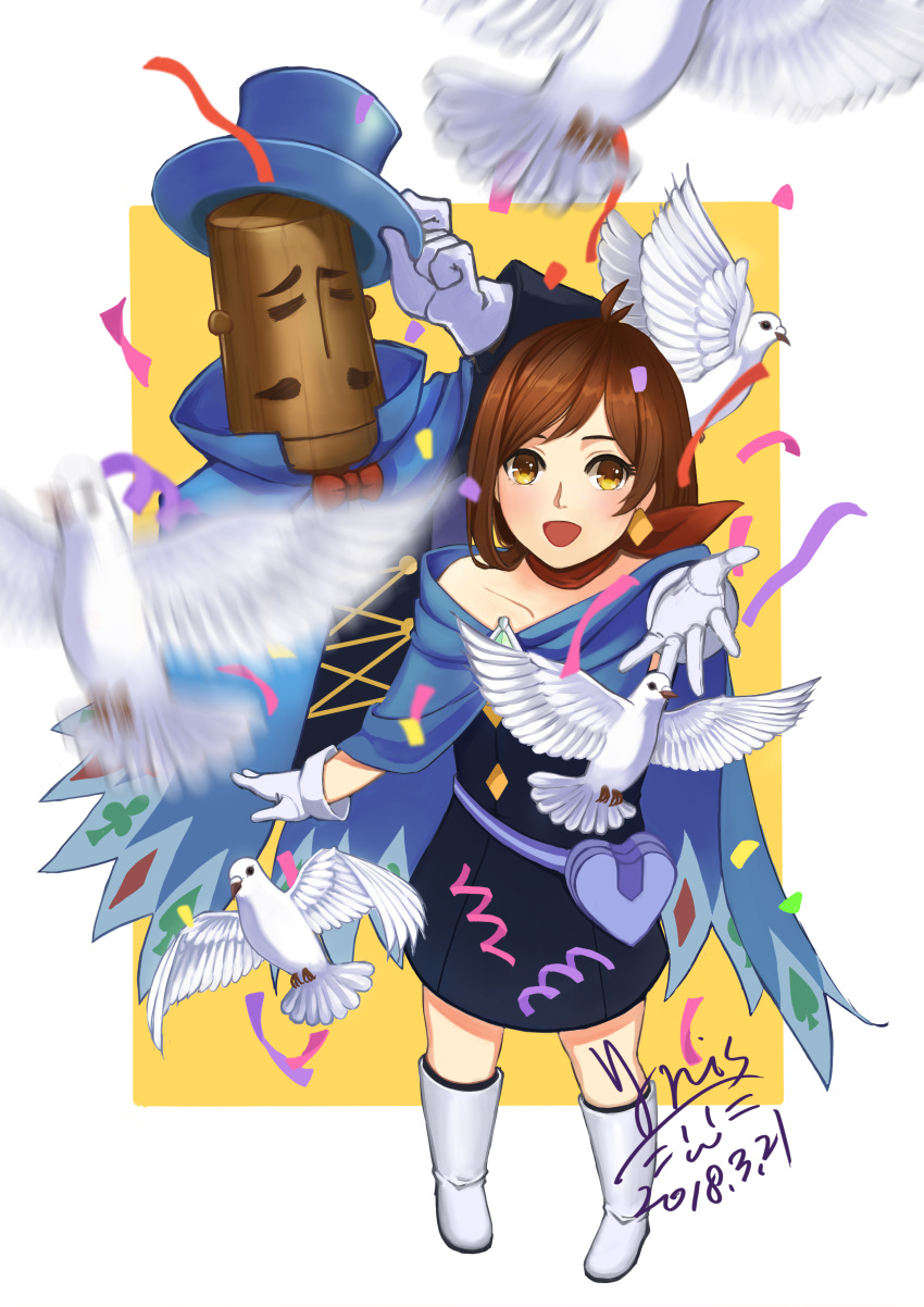 1girl absurdres bird black_skirt blue_cape blue_eyes blue_hat brown_hair cape confetti dated earrings gloves gyakuten_saiban gyakuten_saiban_4 hat hat_removed headwear_removed heart highres iris@work jewelry magician mr_hat naruhodou_minuki orange_background outstretched_hand short_hair simple_background skirt smile solo top_hat white_footwear white_gloves