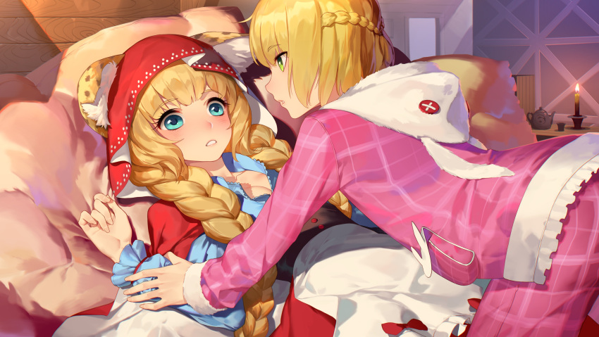 2girls absurdres all_fours animal_ears bed blonde_hair blue_eyes blush braid breasts candle cleavage collarbone daye_bie_qia_lian eyebrows_visible_through_hair green_eyes highres hood hood_down hood_up indoors long_hair looking_at_another lying multiple_girls on_back parted_lips pillow romantic_saga_of_beauty_&amp;_devil short_hair twin_braids yuri