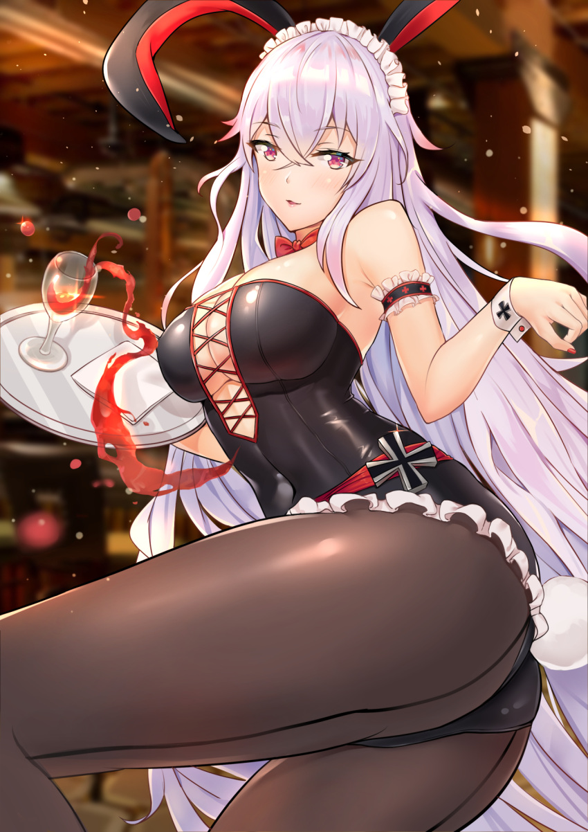 1girl alcohol animal_ears armlet azur_lane bangs bare_shoulders black_legwear black_leotard bow bowtie breasts bunny_girl bunny_tail bunnysuit cleavage cowboy_shot cross-laced_leotard cup darcy_(pixiv11949485) drinking_glass eyebrows_visible_through_hair fake_animal_ears fingernails frilled_armband frilled_leotard frills glass graf_zeppelin_(azur_lane) hair_between_eyes hands_up highres holding holding_tray indoors iron_cross large_breasts leg_up leotard long_fingernails long_hair looking_at_viewer maid_headdress nail_polish one_leg_raised pantyhose parted_lips rabbit_ears red_nails red_neckwear silver_hair smile solo spilling standing standing_on_one_leg strapless strapless_leotard tail tray very_long_hair violet_eyes waitress wine wine_glass wrist_cuffs