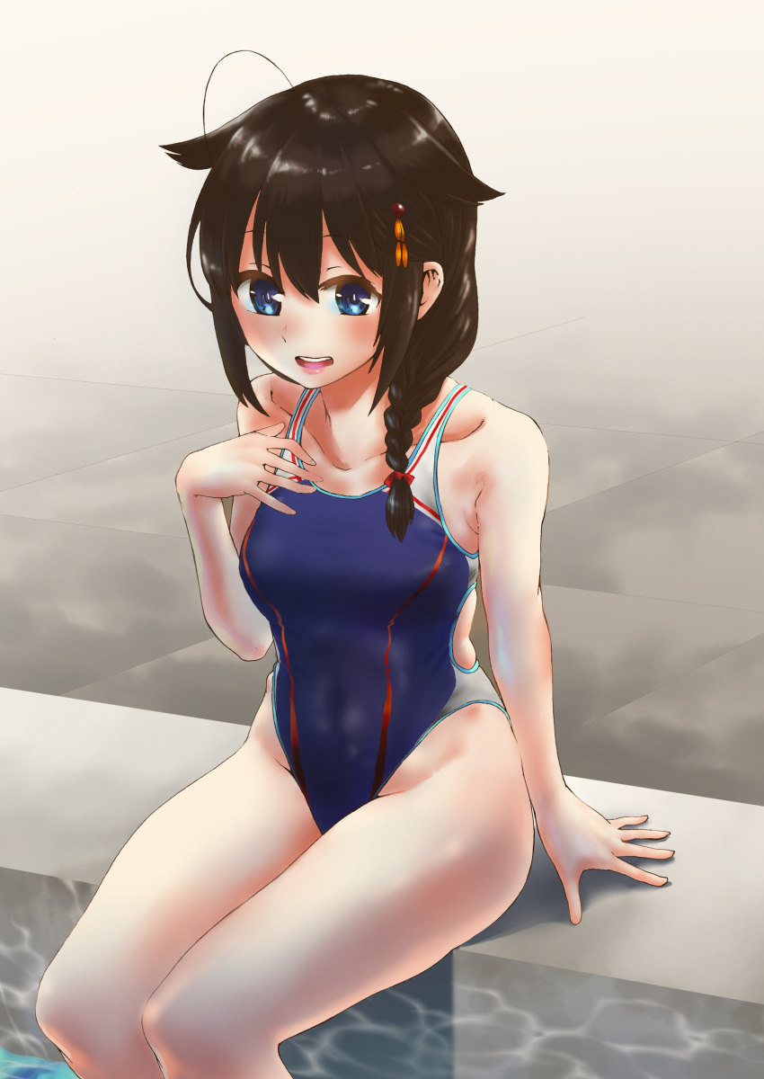 1girl absurdres ahoge black_hair blue_eyes blue_swimsuit braid competition_swimsuit gouta_(nagishiro6624) hair_flaps hair_ornament hair_over_shoulder hand_on_own_chest highres kantai_collection one-piece_swimsuit open_mouth poolside remodel_(kantai_collection) shigure_(kantai_collection) single_braid sitting smile solo swimsuit upper_teeth