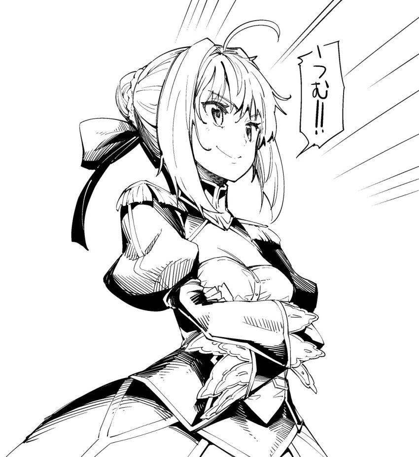 1girl akino_sora breasts cleavage closed_mouth commentary crossed_arms dress emphasis_lines fate/extra fate_(series) greyscale hair_bun hair_ribbon highres juliet_sleeves long_sleeves monochrome nero_claudius_(fate) nero_claudius_(fate)_(all) puffy_sleeves ribbon smile smug solo standing upper_body