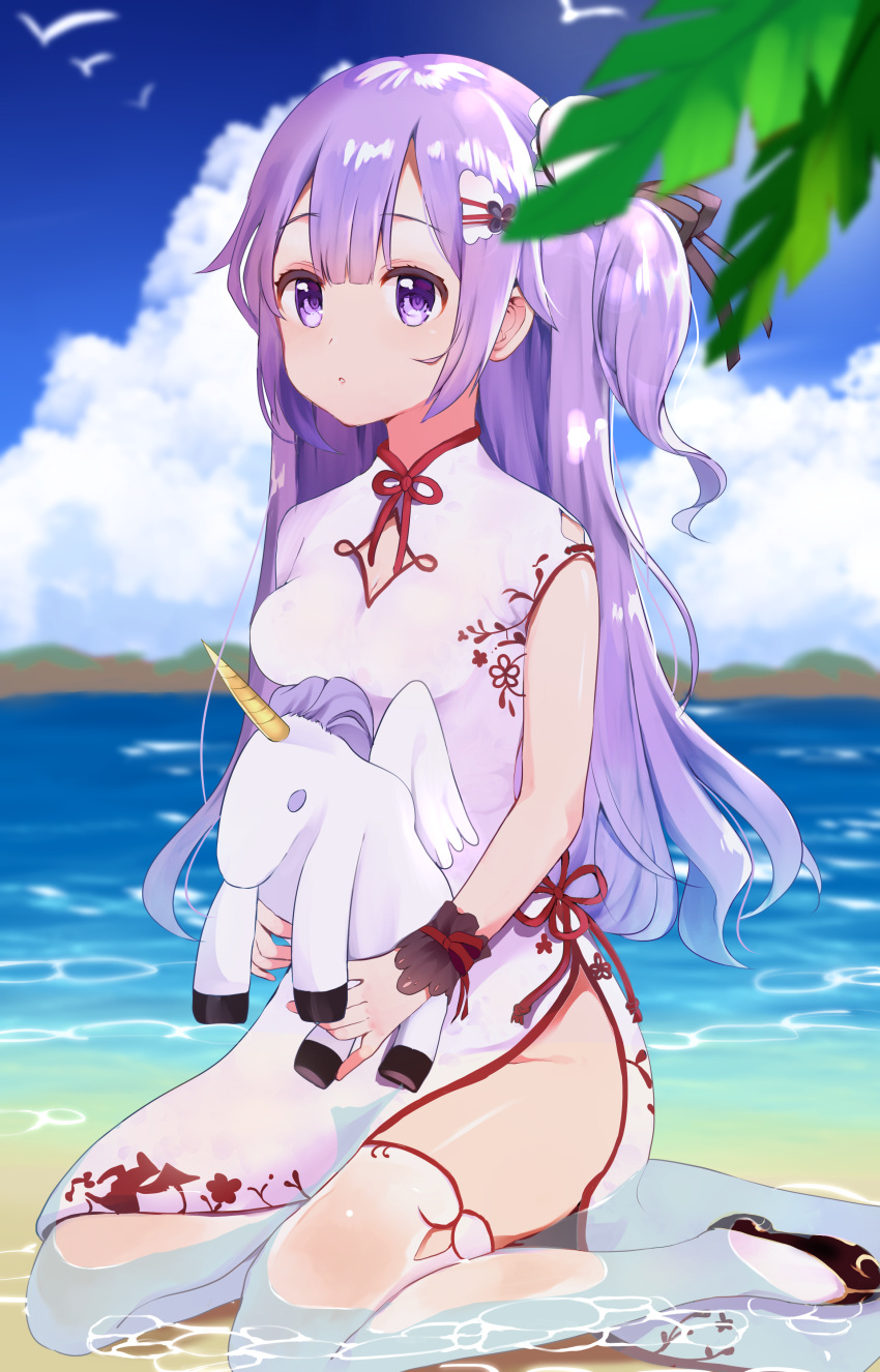 1girl absurdres azur_lane bangs beach bird black_footwear black_ribbon blue_sky blurry blurry_background blurry_foreground blush breasts bun_cover china_dress chinese_clothes clouds cloudy_sky commentary_request day depth_of_field dress eyebrows_visible_through_hair hair_between_eyes hair_bun highres long_hair medium_breasts object_hug ocean outdoors parted_lips purple_hair ribbon sand shoes short_sleeves side_bun sidelocks sitting sky solo stuffed_animal stuffed_pegasus stuffed_toy stuffed_unicorn thigh-highs unicorn_(azur_lane) violet_eyes wariza water wet_legwear wet_thighhighs white_dress white_legwear wrist_cuffs yushima