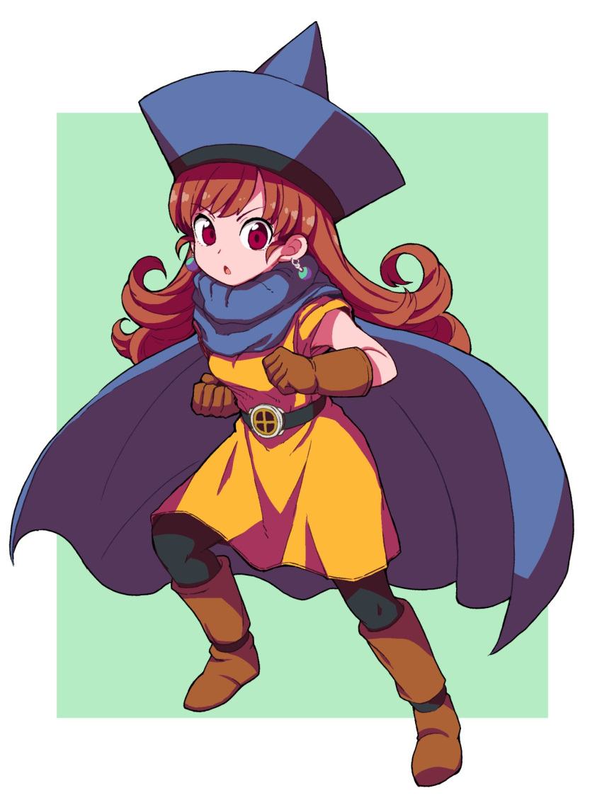 1girl :o alena_(dq4) bangs belt black_belt black_legwear blue_cape blue_hat boots breasts brown_footwear brown_gloves brown_hair cape clenched_hands curly_hair dragon_quest dragon_quest_iv dress earrings eyebrows eyebrows_visible_through_hair full_body gloves hat highres jewelry legs_apart long_hair nazonazo_(nazonazot) open_mouth orange_dress pantyhose red_eyes short_sleeves small_breasts solo standing swept_bangs tongue