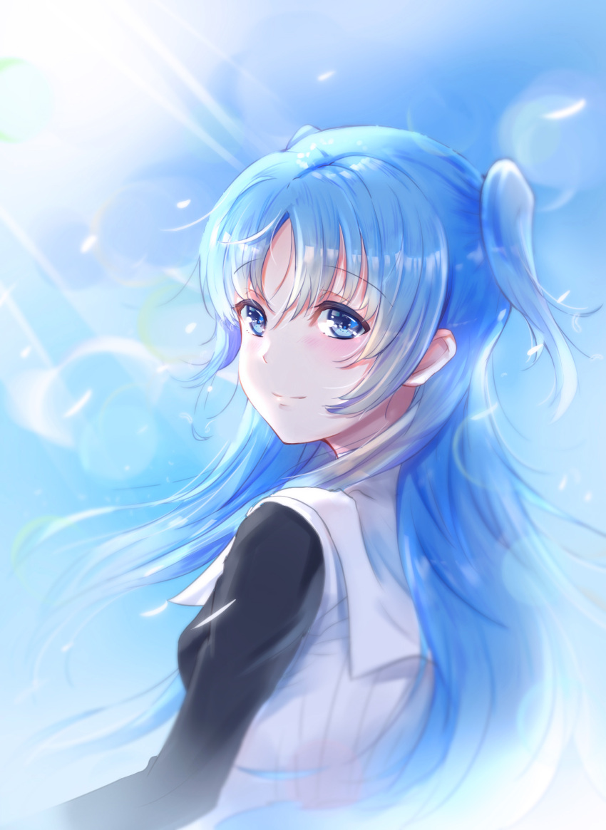 1girl bangs blue_eyes blue_hair blush chtholly_nota_seniorious cp_mizu eyebrows_visible_through_hair floating_hair hair_between_eyes highres long_hair looking_back shuumatsu_nani_shitemasu_ka? solo sunlight two_side_up upper_body very_long_hair