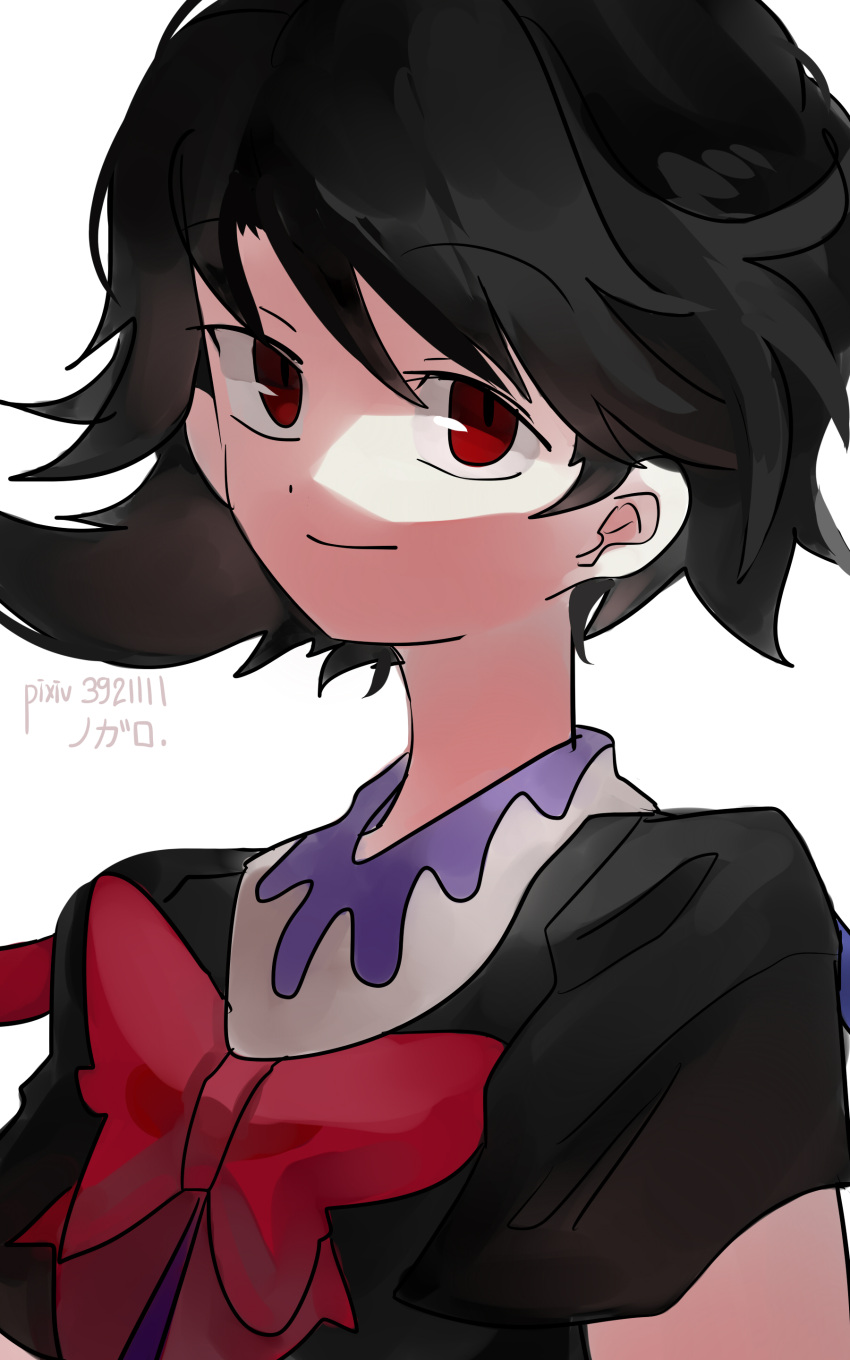 1girl absurdres artist_name asuku_(69-1-31) bangs black_hair bow bowtie closed_mouth eyebrows eyebrows_visible_through_hair hair_between_eyes highres houjuu_nue pixiv_id red_bow red_eyes red_neckwear short_hair simple_background smile solo touhou upper_body white_background