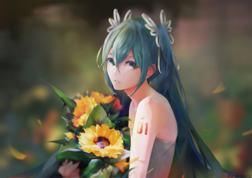 1girl aqua_eyes aqua_hair bare_shoulders blurry blurry_background bouquet commentary_request erjian flower hair_between_eyes hair_ribbon hatsune_miku highres holding holding_bouquet long_hair looking_at_viewer number_tattoo petals pink_ribbon ribbon solo tattoo twintails vocaloid