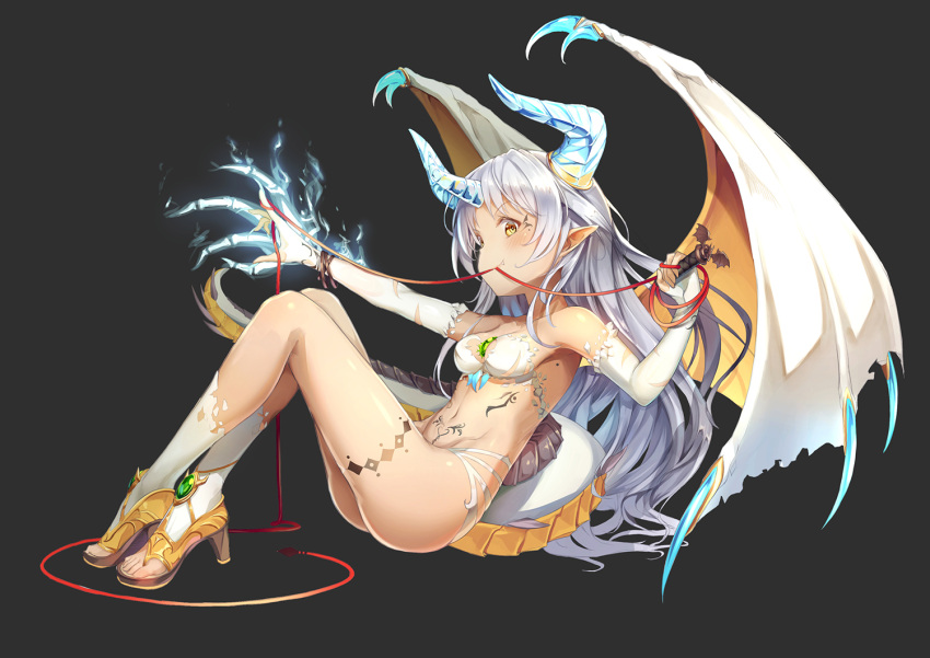 1girl ass bikini breasts brown_eyes dragon_girl dragon_horns dragon_tail dragon_wings elbow_gloves fang fingerless_gloves gloves high_heels hon_(neo2462) horns kneehighs long_hair mouth_hold original outstretched_arms pointy_ears shoes silver_hair small_breasts smile solo swimsuit tail white_bikini white_legwear white_swimsuit wings