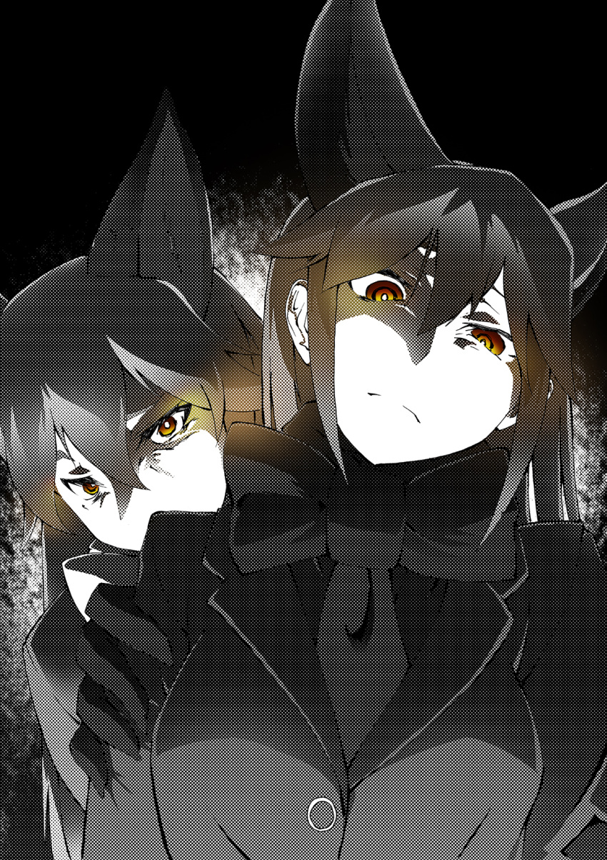 2girls animal_ears bangs blazer bow bowtie brown_eyes closed_mouth commentary ezo_red_fox_(kemono_friends) fox_ears frown glaring gloves greyscale halftone hand_on_another's_shoulder highres jacket kaya_(nari1-24) kemono_friends long_hair looking_at_viewer monochrome multiple_girls silver_fox_(kemono_friends) spot_color standing upper_body