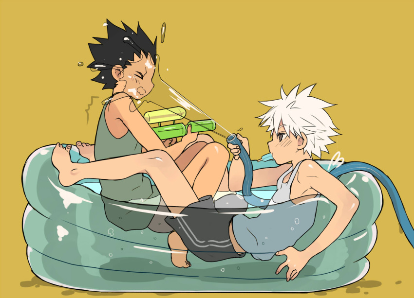 2boys bare_arms bare_legs bare_shoulders barefoot black_hair brown_eyes camisole closed_eyes commentary_request food from_side full_body gon_freecss holding hose hunter_x_hunter killua_zoldyck looking_at_another male_focus mouth_hold multiple_boys open_mouth popsicle short_hair shorts simple_background spiky_hair toes urando wading_pool water water_gun wet white_hair