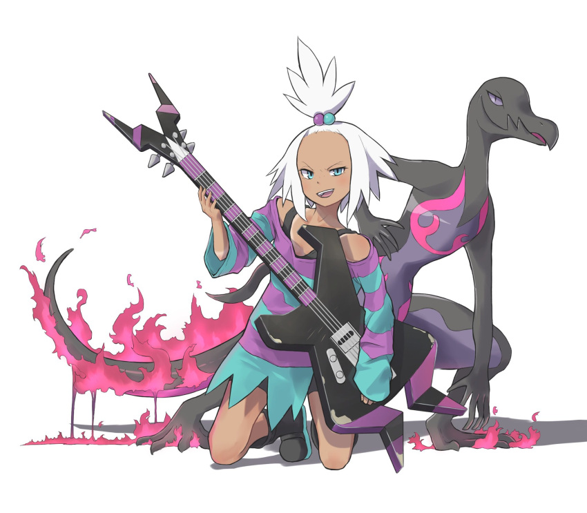 1girl :d bike_shorts black_footwear black_shirt blue_eyes boots electric_guitar fire forehead freckles full_body gen_7_pokemon guitar gym_leader hair_bobbles hair_ornament half_updo highres holding holding_instrument homika_(pokemon) instrument kamemaru kneeling lizard open_mouth oversized_clothes oversized_shirt pokemon pokemon_(creature) pokemon_(game) pokemon_bw2 salazzle shadow shirt short_hair simple_background sleeves_past_wrists smile striped striped_shirt tail tan tank_top tanline teeth tongue torn_clothes torn_shirt v-shaped_eyebrows white_background white_hair