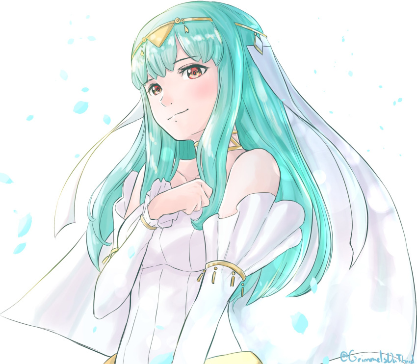 1girl bare_shoulders blue_hair blush bride dress fire_emblem fire_emblem:_rekka_no_ken fire_emblem_heroes formal gloves grimmelsdathird hair_ornament highres jewelry long_hair looking_at_viewer mamkute necklace ninian red_eyes simple_background smile solo strapless wedding_dress white_dress white_gloves