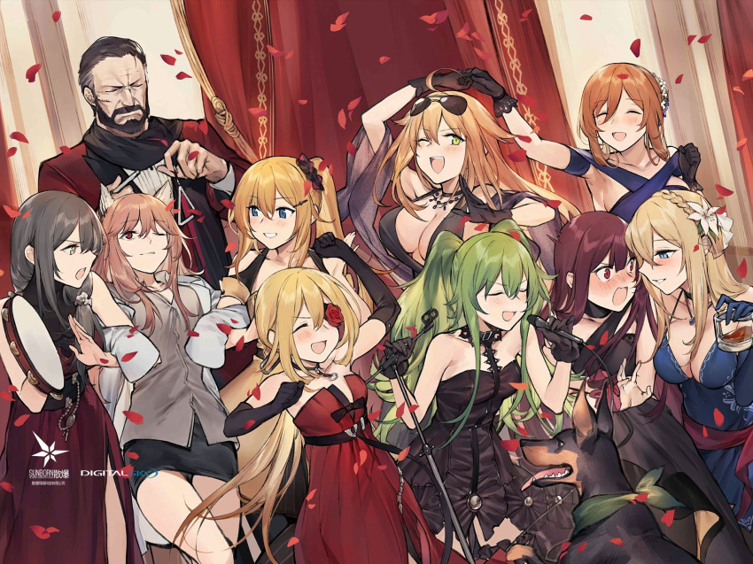 1boy 6+girls ahoge alcohol alternate_costume alternate_hairstyle animal_ears arm_around_shoulder armpits aviator_sunglasses bags_under_eyes bangs bare_shoulders beard belt berezovich_kryuger_(girls_frontline) black_dress black_gloves blonde_hair blue_eyes blue_gloves blush breasts brown_eyes brown_hair casual choker cleavage closed_eyes closed_mouth coat collarbone cup dog dress drinking_glass duoyuanjun elbow_gloves embarrassed eyebrows_visible_through_hair eyewear_on_head facial_hair facial_scar fang girls_frontline gloves green_eyes green_hair grey_hair grey_shirt hair_between_eyes hair_flaps hair_ornament hair_ribbon hair_rings hairclip half-closed_eyes hand_on_another's_hand happy helianthus_(girls_frontline) highres holding holding_drinking_glass holding_microphone holding_microphone_stand instrument jewelry kalina_(girls_frontline) large_breasts locked_arms logo long_hair long_sleeves looking_at_viewer m1903_springfield_(girls_frontline) m1918_bar_(girls_frontline) m950a_(girls_frontline) medium_breasts messy_hair microphone mosin-nagant_(girls_frontline) multiple_girls necklace no_bra o-ring_choker one_eye_closed open_clothes open_coat open_mouth parted_lips pendant persica_(girls_frontline) petals purple_hair red_dress red_eyes ribbon sash scar scar_on_cheek scarf shawl shirt side_ponytail sidelocks single_strap skirt sleeves_past_wrists smile strapless strapless_dress sunglasses tambourine thighs triangle_(instrument) twintails very_long_hair vz.61_(girls_frontline) wa2000_(girls_frontline) white_coat wrist_ribbon