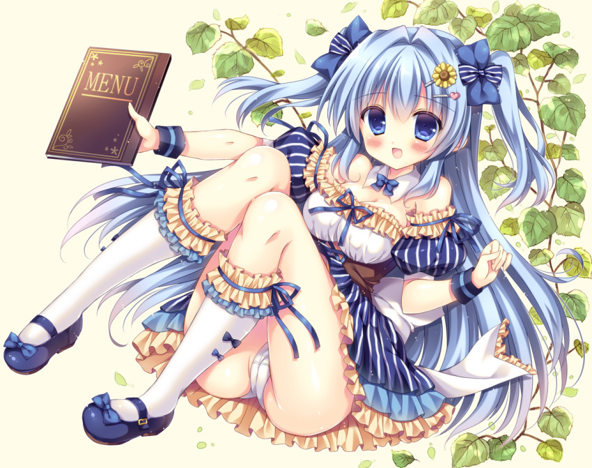 1girl bangs beige_background blue_bow blue_eyes blue_footwear blue_hair blue_ribbon blue_skirt blush bow breasts cleavage commentary_request detached_collar eyebrows_visible_through_hair flower frilled_legwear frilled_shirt frilled_skirt frilled_sleeves frills full_body hair_between_eyes hair_bow hair_flower hair_ornament hairclip heart heart_hair_ornament holding kneehighs kouta. leaf long_hair looking_at_viewer mary_janes medium_breasts menu original panties puffy_short_sleeves puffy_sleeves ribbon shirt shoes short_sleeves skirt solo striped striped_bow two_side_up underwear vertical-striped_skirt vertical_stripes very_long_hair white_collar white_legwear white_panties yellow_flower