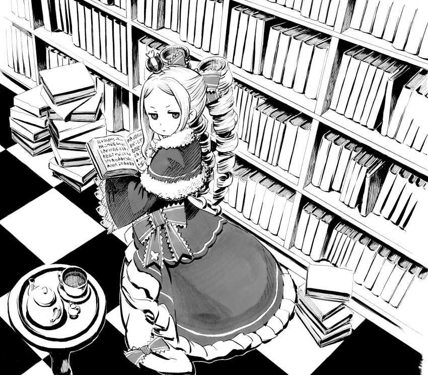 1girl absurdres beatrice_(re:zero) book book_stack bookshelf bow crown cup dress drill_hair from_above greyscale hair_bow highres indoors long_hair looking_at_viewer looking_back mini_crown monochrome open_book re:zero_kara_hajimeru_isekai_seikatsu solo standing symbol-shaped_pupils table teacup teapot tile_floor tiles ume_(yume_uta_da) wide_sleeves