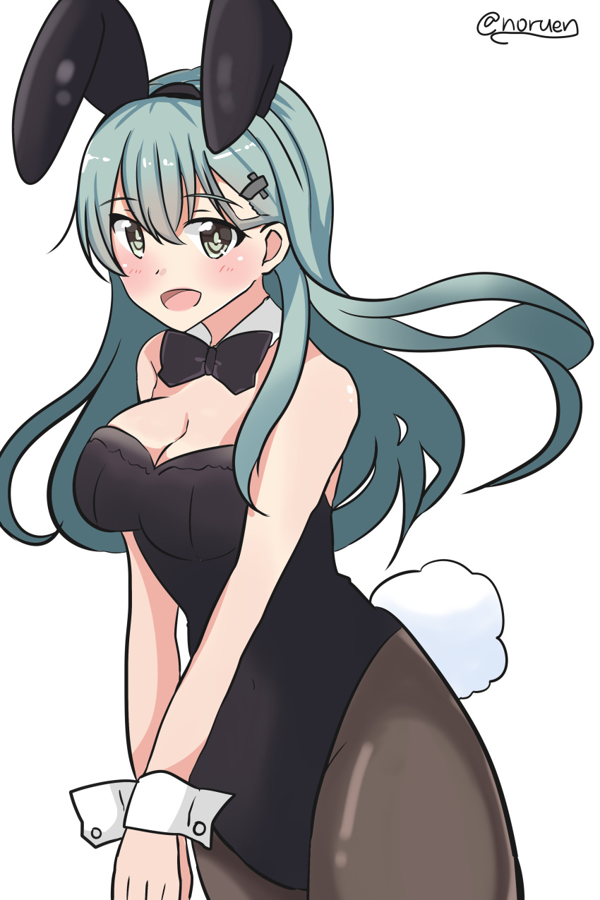 absurdres animal_ears aqua_eyes aqua_hair bare_shoulders black_legwear black_leotard bow bowtie breasts bunny_girl bunny_tail bunnysuit cleavage detached_collar fake_animal_ears highres kantai_collection leotard medium_breasts noruren open_mouth pantyhose rabbit_ears smile strapless strapless_leotard suzuya_(kantai_collection) tail wrist_cuffs