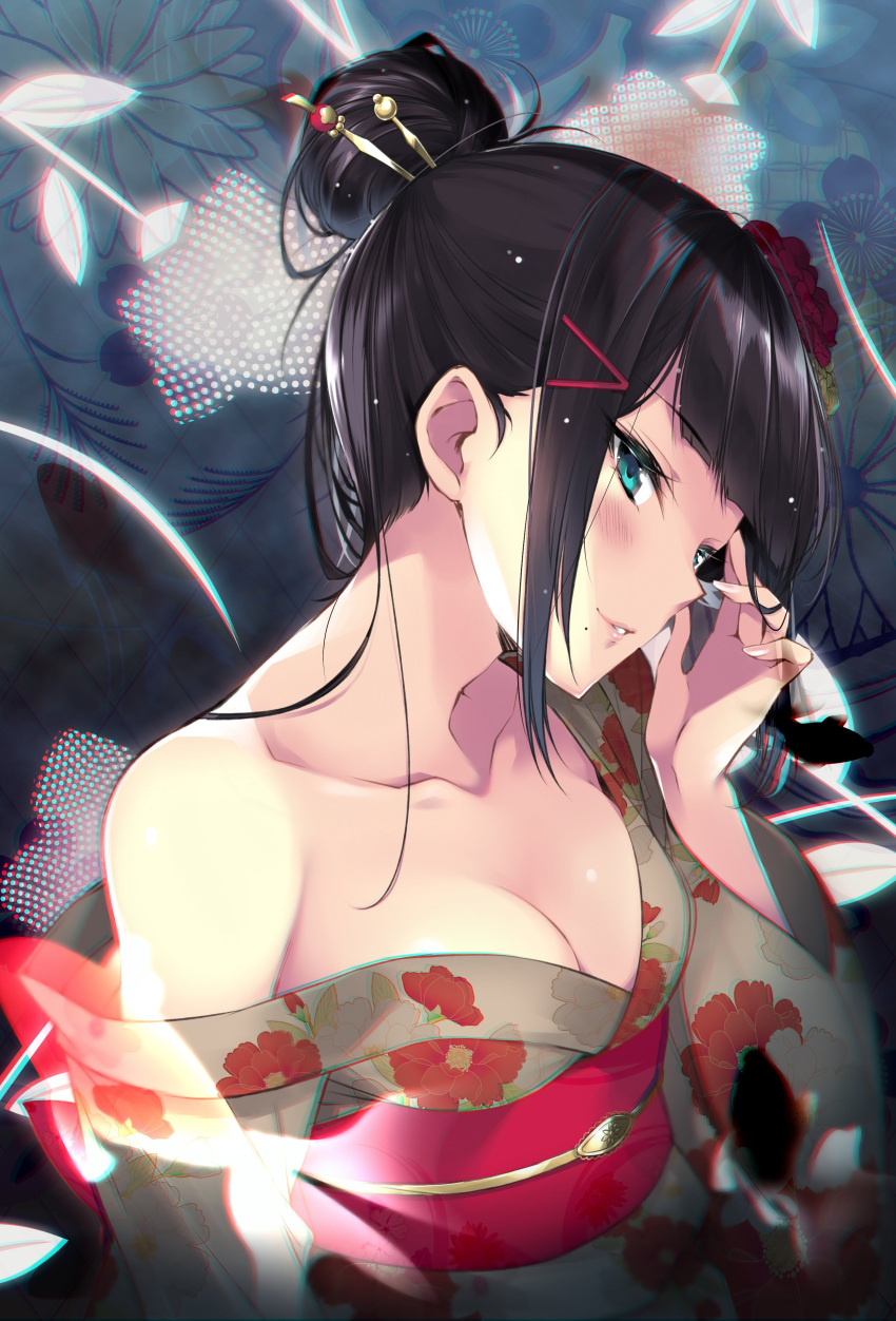 1girl absurdres aqua_eyes bangs black_hair blunt_bangs blush breasts chromatic_aberration cleavage collarbone commentary_request floral_print flower hair_bun hair_flower hair_ornament hair_stick hair_up hairclip hand_on_own_face hario_4 highres japanese_clothes kimono kurosawa_dia love_live! love_live!_sunshine!! medium_breasts mole mole_under_mouth obi off_shoulder parted_lips sash smile solo upper_body wide_sleeves