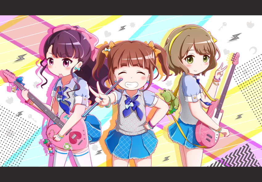 3girls ^_^ bangs blue_bow blue_neckwear blue_shirt blue_skirt blush bow bowtie brown_hair closed_eyes closed_mouth collarbone collared_shirt commentary_request cowboy_shot drumsticks electric_guitar eyebrows_visible_through_hair facing_viewer goth_risuto green_eyes grin guitar hair_bow hairband hand_on_hip hand_up heart heart_guitar holding holding_instrument instrument kujou_ume letterboxed lightning_bolt long_hair looking_at_viewer looking_to_the_side mouth_hold multiple_girls orange_bow outstretched_arm pleated_skirt plectrum polka_dot polka_dot_neckwear ponytail puffy_short_sleeves puffy_sleeves purple_hair saeki_hina school_uniform shirt short_hair short_sleeves skirt smile solo sweater_vest thigh-highs tokyo_7th_sisters twintails v v-shaped_eyebrows vest violet_eyes wanibuchi_emoko white_bow white_legwear white_vest yellow_bow yellow_hairband
