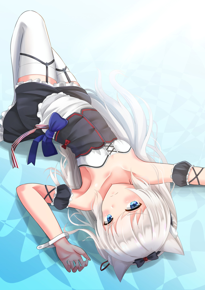 1girl animal_ears apron azur_lane bangs bare_shoulders black_bow black_dress blue_bow blue_eyes blush bow cat_ears closed_mouth collarbone commentary_request dress eyebrows_visible_through_hair f_(milfaaaaa) frilled_apron frilled_dress frills hair_bow hair_ribbon hammann_(azur_lane) highres long_hair looking_at_viewer lying on_back puffy_short_sleeves puffy_sleeves red_ribbon remodel_(azur_lane) ribbon short_sleeves sidelocks silver_hair solo strapless strapless_dress thigh-highs very_long_hair waist_apron white_apron white_legwear