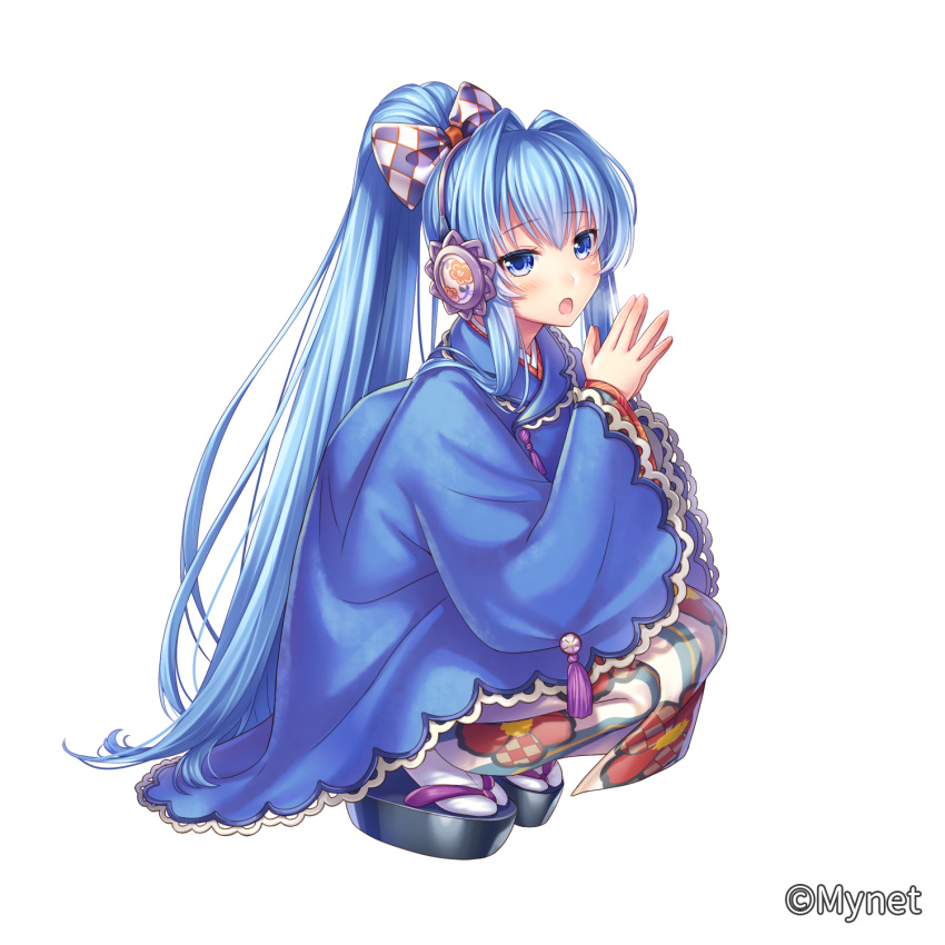 1girl blue_eyes blue_hair blush bow cao_(sanguko_infinity) full_body hair_bow hair_ornament hands_together highres japanese_clothes kimono long_hair looking_at_viewer official_art open_mouth otosume_ruiko ponytail sandals sangoku_infinity sidelocks solo squatting watermark white_legwear wide_sleeves