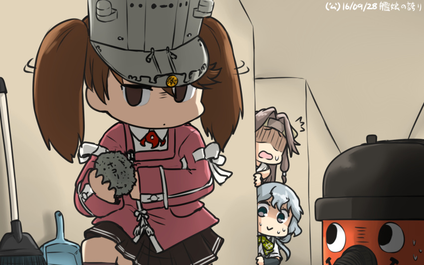 /\/\/\ 3girls arm_warmers bow bowtie broom brown_eyes brown_hair commentary_request dated dustpan forehead_protector grey_eyes hachimaki hair_intakes hamu_koutarou headband highres holding japanese_clothes jintsuu_(kantai_collection) kantai_collection kariginu long_hair magatama motion_lines multiple_girls open_mouth peeking_out pleated_skirt pun remodel_(kantai_collection) ryuujou_(kantai_collection) shaded_face shirt silver_hair skirt sweat twintails vacuum_cleaner visor_cap wavy_hair white_shirt yamagumo_(kantai_collection)