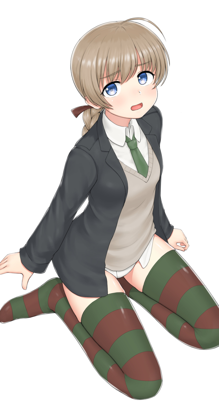 1girl ahoge black_jacket blue_eyes braid from_above green_neckwear hair_ribbon highres jacket light_brown_hair lynette_bishop necktie no_pants no_shoes nyarukac open_mouth ribbon seiza single_braid sitting solo strike_witches striped striped_legwear thigh-highs world_witches_series