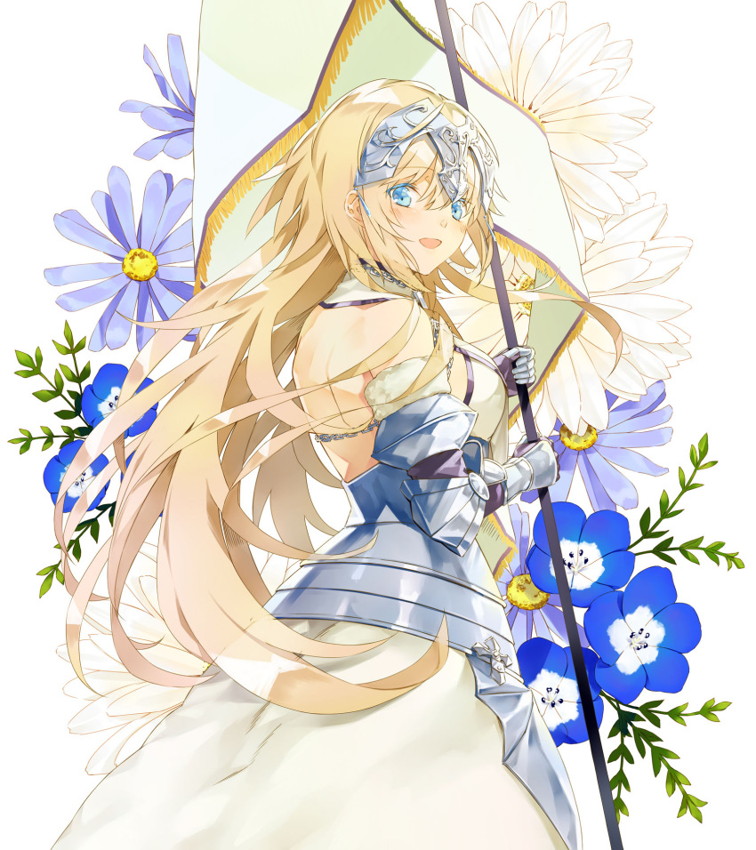 1girl :d armor armored_dress backless_outfit banner bare_back blonde_hair blue_eyes blush fate/grand_order fate_(series) flagpole flower gauntlets headpiece highres jeanne_d'arc_(fate) jeanne_d'arc_(fate)_(all) long_hair looking_at_viewer looking_back open_mouth saijou_haruki smile solo very_long_hair