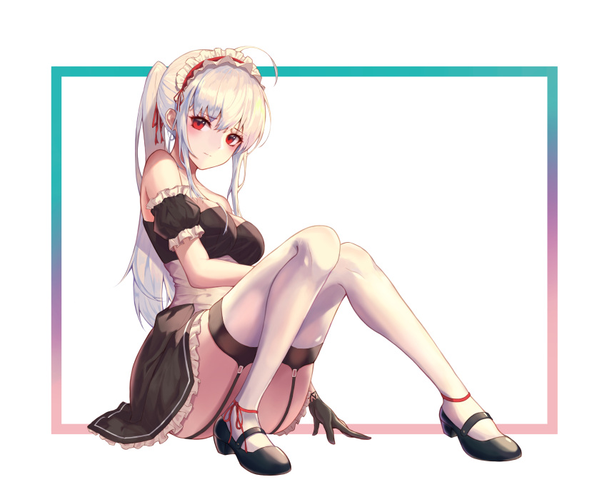 1girl absurdres ahoge arm_garter bare_shoulders blush breasts dal_song dress frilled_dress frills garter_straps gloves hair_ribbon highres knees_together_feet_apart knees_up long_hair looking_at_viewer maid maid_headdress mary_janes original ponytail red_eyes ribbon shoes sidelocks simple_background sitting sleeveless sleeveless_dress solo thigh-highs white_hair