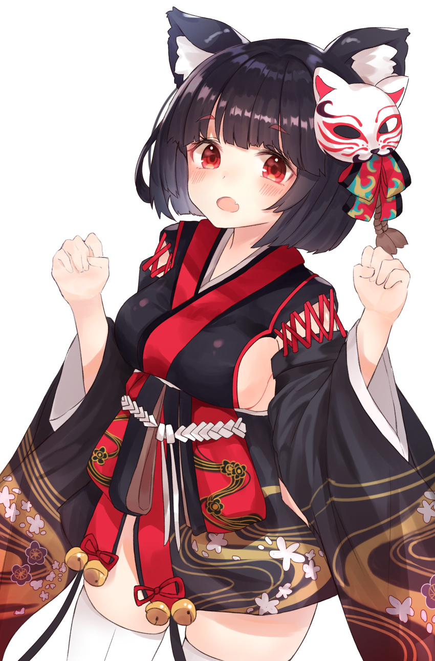 :o absurdres animal_ears azur_lane bell black_hair black_kimono blush breasts cat_ears cat_mask eyebrows_visible_through_hair fang floral_print highres hor japanese_clothes jingle_bell kimono looking_at_viewer mask mask_on_head medium_breasts red_eyes short_hair sideboob standing tail tassel white_legwear wide_sleeves yamashiro_(azur_lane)