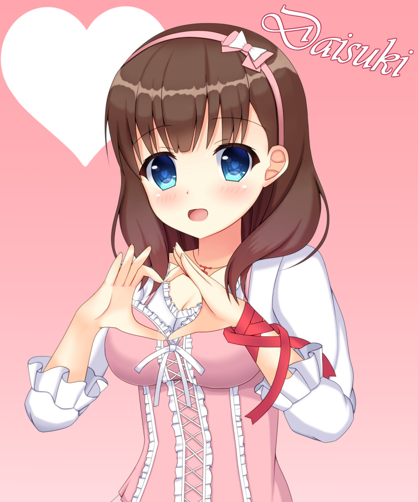 1girl :d arm_ribbon bangs blue_eyes blush breasts brown_hair camisole cleavage commentary_request eyebrows_visible_through_hair fingernails hands_up heart heart-shaped_pupils heart_hands highres idolmaster idolmaster_cinderella_girls long_hair long_sleeves looking_at_viewer medium_breasts open_mouth pink_background pink_camisole puffy_long_sleeves puffy_sleeves red_ribbon ribbon romaji sakuma_mayu shirt smile solo symbol-shaped_pupils upper_body urarara_(shlsz_22728) white_shirt
