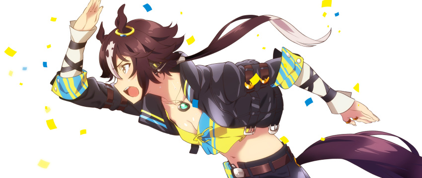 1girl animal_ears arm_belt artist_request belt breasts brown_eyes brown_hair cleavage from_side highres horse_ears horse_tail jacket jewelry leather leather_jacket long_hair long_sleeves low_ponytail medium_breasts multicolored_hair navel necklace official_art open_mouth ring solo sweat tail two-tone_hair umamusume vodka_(umamusume) white_background