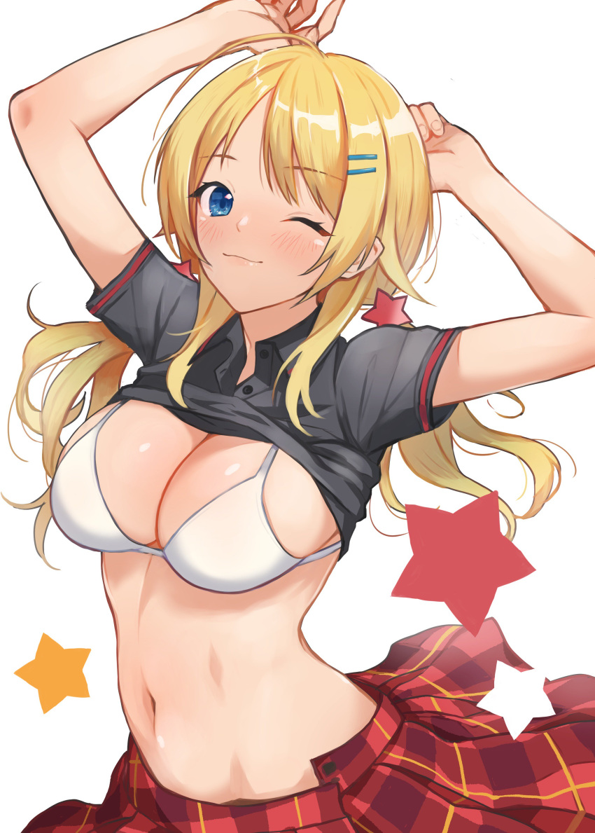 1girl absurdres arms_up blonde_hair blue_eyes blush bra breasts cleavage doushimasho hachimiya_meguru highres idolmaster idolmaster_shiny_colors large_breasts looking_at_viewer low_twintails navel one_eye_closed plaid plaid_skirt shirt_lift skirt solo twintails underwear white_bra