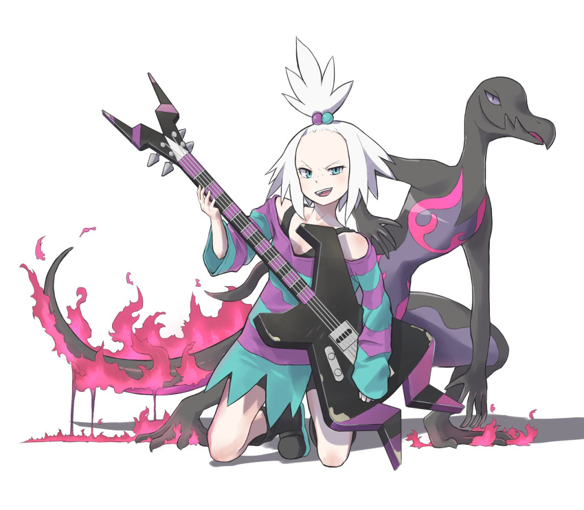 1girl :d bike_shorts black_footwear black_shirt blue_eyes boots electric_guitar fire forehead freckles full_body gen_7_pokemon guitar gym_leader hair_bobbles hair_ornament half_updo highres holding holding_instrument homika_(pokemon) instrument kamemaru kneeling lizard open_mouth oversized_clothes oversized_shirt pokemon pokemon_(creature) pokemon_(game) pokemon_bw2 salazzle shadow shirt short_hair simple_background sleeves_past_wrists smile striped striped_shirt tail tank_top teeth tongue torn_clothes torn_shirt v-shaped_eyebrows white_background white_hair