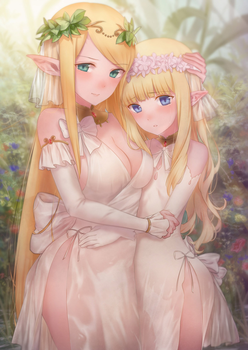 2girls absurdres asaba0327 bangs bare_shoulders blonde_hair blue_eyes blunt_bangs blurry blush breasts cleavage cowboy_shot crying crying_with_eyes_open depth_of_field detached_sleeves dress elbow_gloves elf eyebrows_visible_through_hair flat_chest flower flower_wreath gloves green_eyes hand_on_another's_head highres hug large_breasts looking_at_viewer multiple_girls original outdoors parted_lips pointy_ears side_slit sidelocks swept_bangs tears white_dress white_gloves wreath