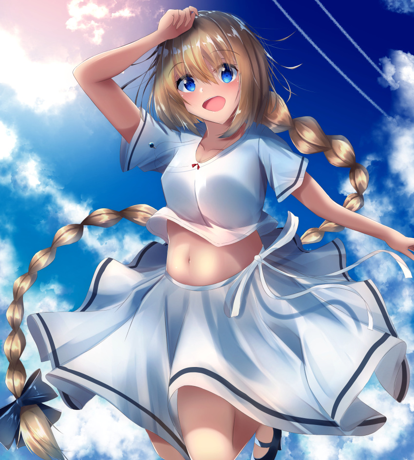 1girl :d absurdres blonde_hair blue_eyes braid clouds commentary_request condensation_trail fate/grand_order fate_(series) highres jeanne_d'arc_(fate) jeanne_d'arc_(fate)_(all) jewelry long_braid long_hair looking_at_viewer midriff navel necklace open_mouth shirt single_braid skirt smile solo suisen-21 very_long_hair white_shirt white_skirt